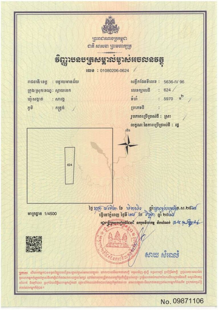 ទួលគោកបល្ល័ង្គ ជាដីបុរាណដ្ឋាន ស្ថិតក្នុងភូមិវត្តចាស់ ឃុំថ្មពួក ស្រុកថ្មពួក ខេត្តបន្ទាយមានជ័យ ដែលមានទំហំ ៣២៦២២ ម៉ែត្រការ៉េ  និងមានក្បាលដីលេខ ៤៤៤ ត្រូវបានចុះបញ្ជីជាដីសាធារណៈរបស់រដ្ឋ
